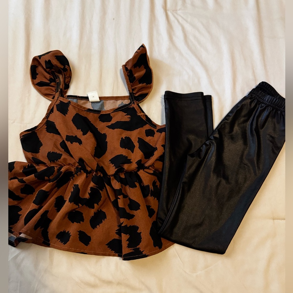 Leopard Print Ruffle Top and Black Leggings Set